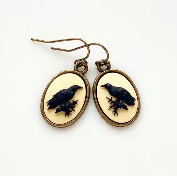 Jewelry - Oval Shape With Black Raven Twig Pattern Dangle Earrings